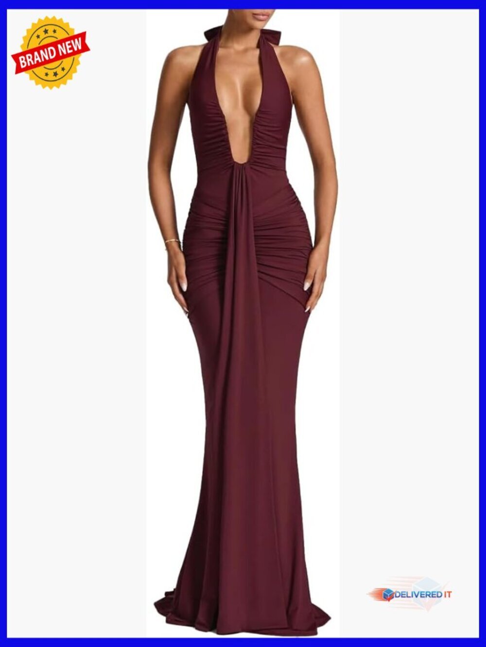 Sexy Deep V-Neck Halter Maxi Dress Ruched Bodycon Formal Cocktail Evening